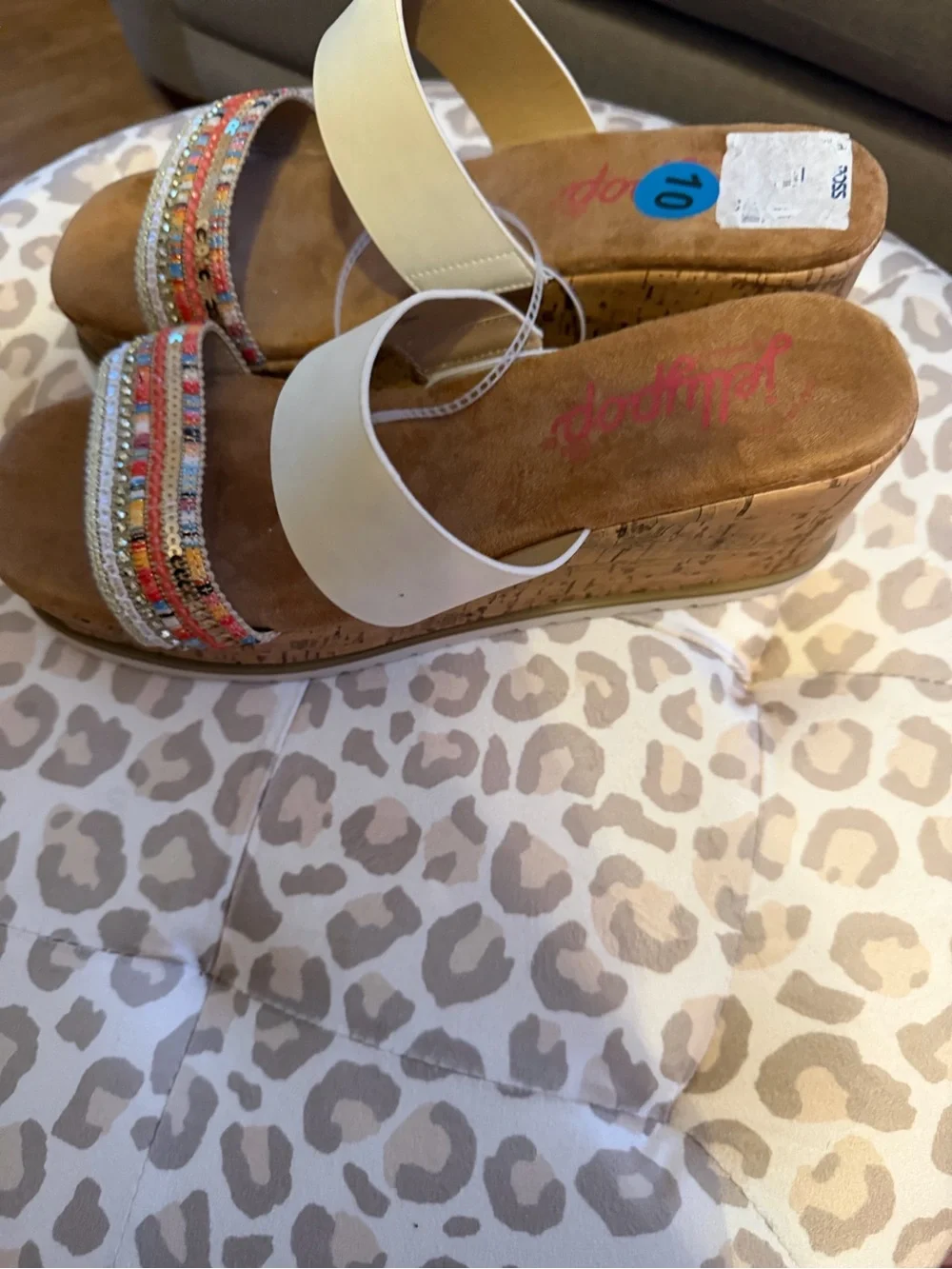 Jellypop Cream Slide Sandals with Multicolor Beaded Toe Strap